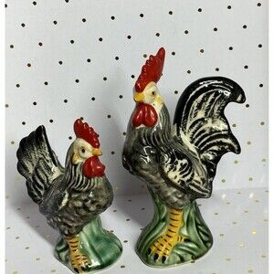 Vtg Napco Ceramic Rooster Hen Salt Pepper Shakers w/Cork Stoppers Country Farm